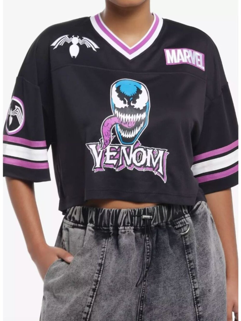 Marvel Venom Football Jersey Cropped Black Purple Striped Graphic Design Women's